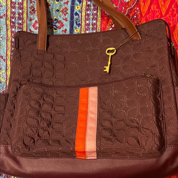 Fossil Brown Quilted Tote with Orange and Pink Stripe - Picture 1 of 8